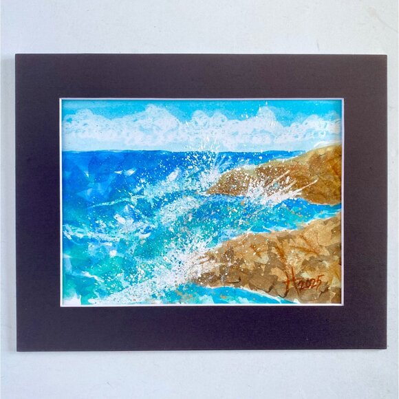 Beach Splash Original Seascape Watercolor Painting Matted Frame Ready 8x10in Mat - Picture 2 of 5